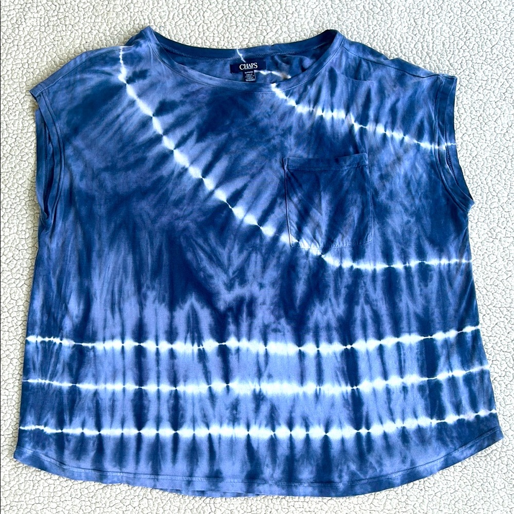 Chaps Blue White Tie Dye Cap Sleeve Top Blouse, Size 1X